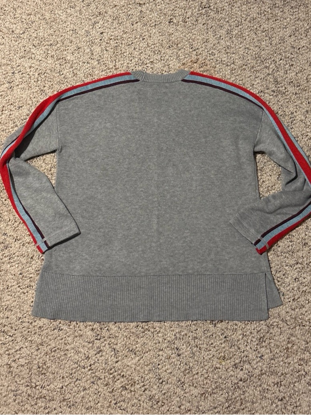 Eddie Bauer Gray Crewneck Sweater with Red & Blue Sleeve Stripes - Picture 3 of 7